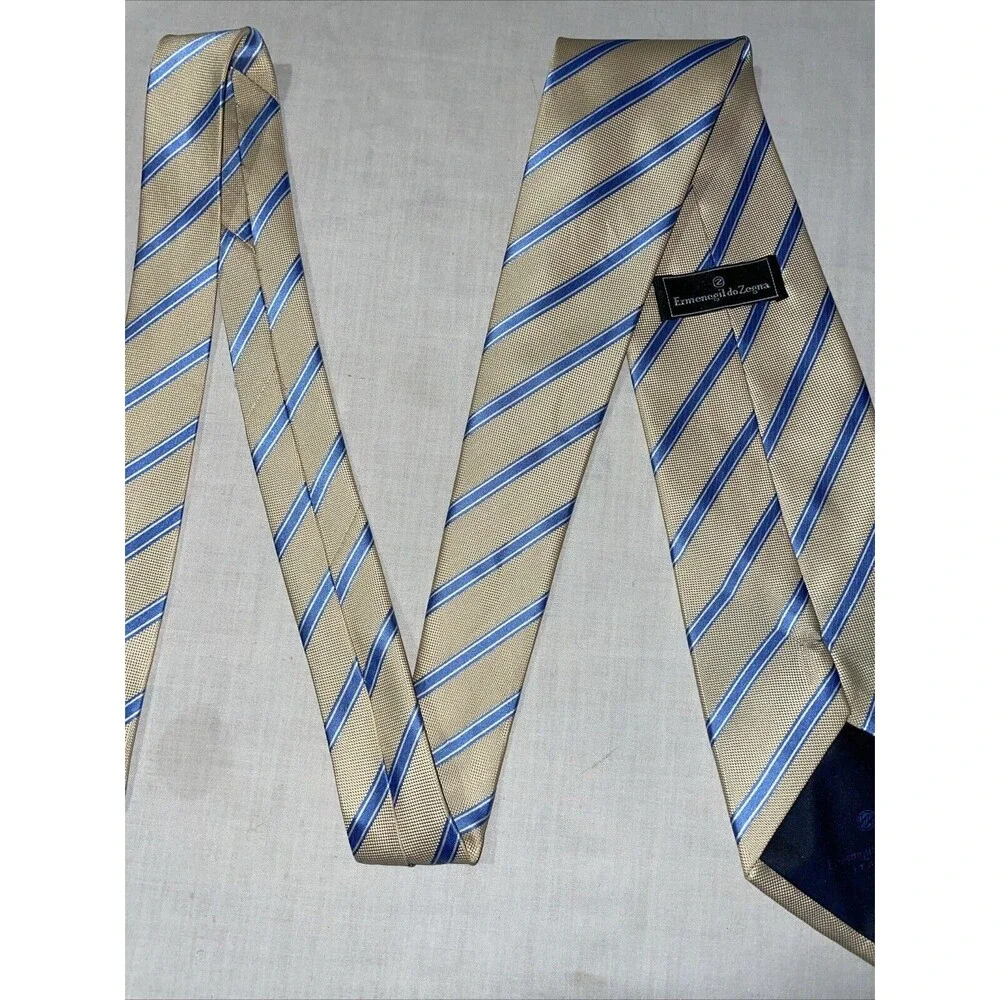 Ermenegildo Zegna Men’s Dress Tie Size 58” Ivory Blue Striped Business Formal
